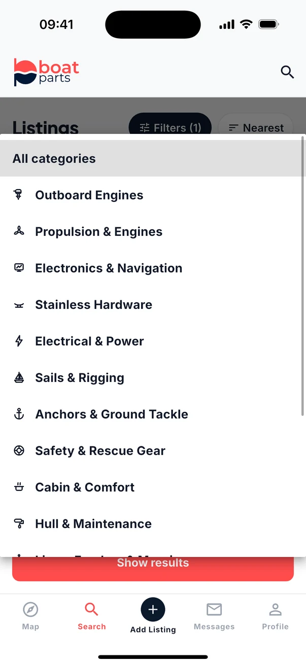 Category picker listing Outboard Engines, Propulsion and Engines, Electronics and Navigation, Stainless Hardware, Electrical and Power and more.
