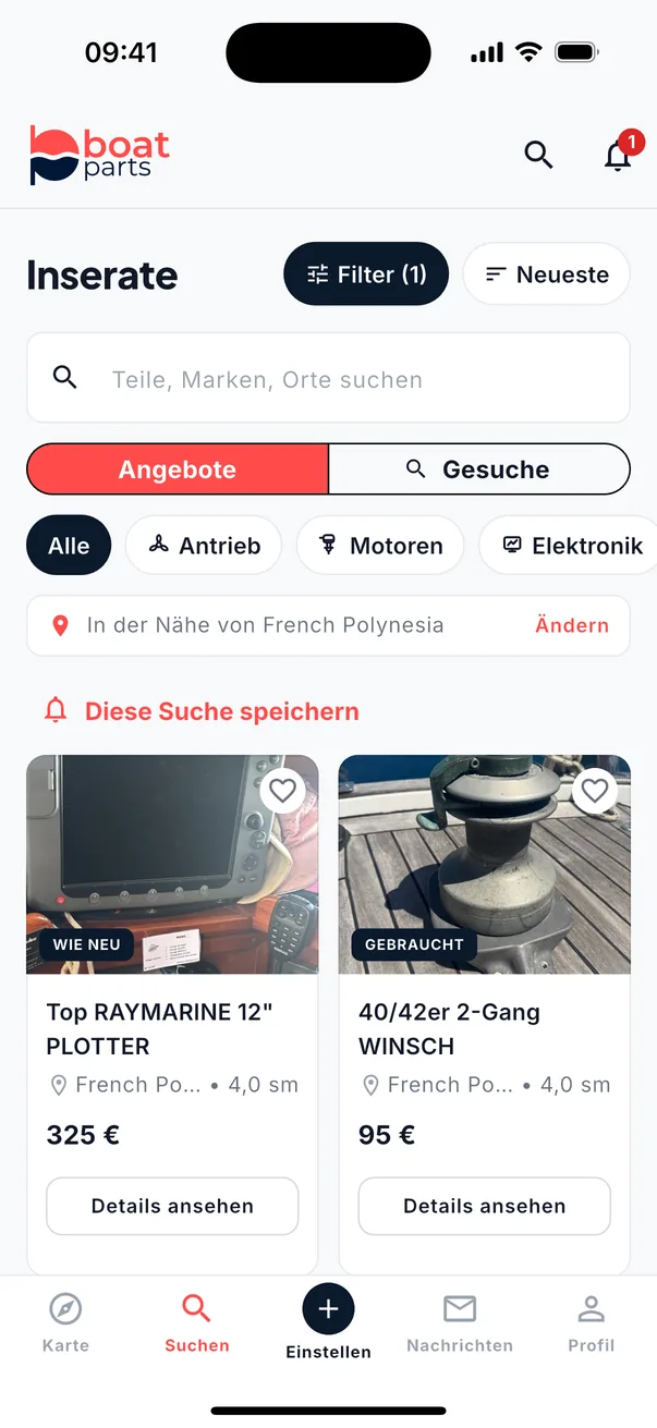 Der Inserate-Feed mit dem Schalter Angebote/Gesuche, Kategorie-Chips und zwei Inseraten nahe Französisch-Polynesien.