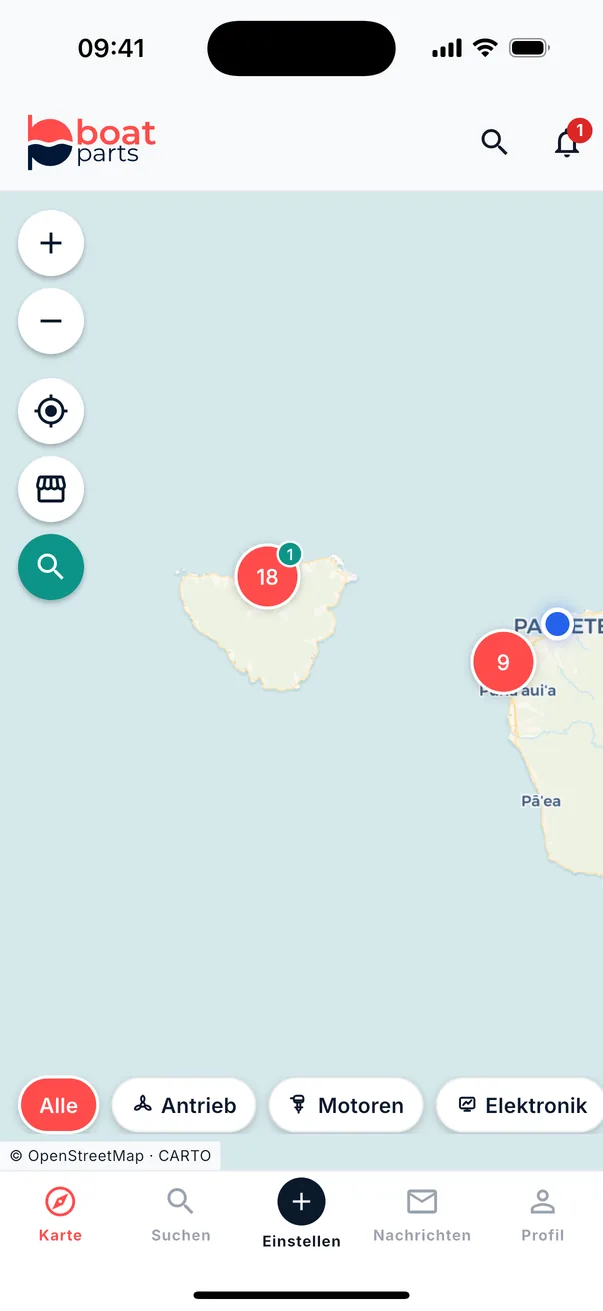 Die Karte von boatparts.app mit Inserat-Clustern bei Moorea und Papeete, Tahiti — einer mit teal Badge für ein Gesuch — und der eigenen Position.