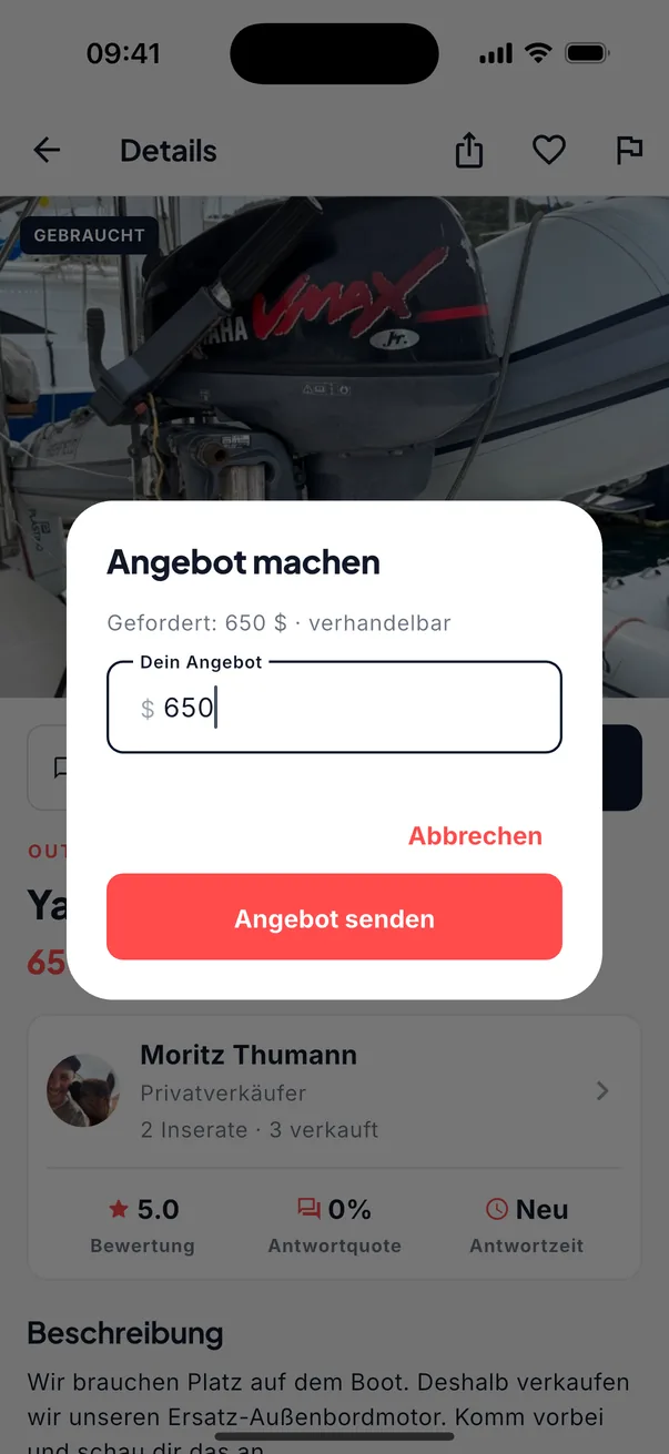 Der Dialog „Angebot machen“ über einem Yamaha-9.9-Außenborder: gefordert 650 $, verhandelbar, und ein Feld für dein Angebot.