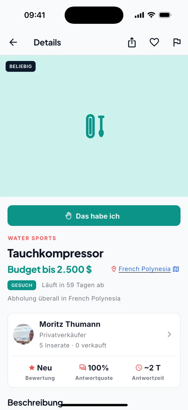 Ein Gesuch nach einem Tauchkompressor: Budget bis 2.500 $, läuft noch 59 Tage, mit dem teal Knopf „Das habe ich“.