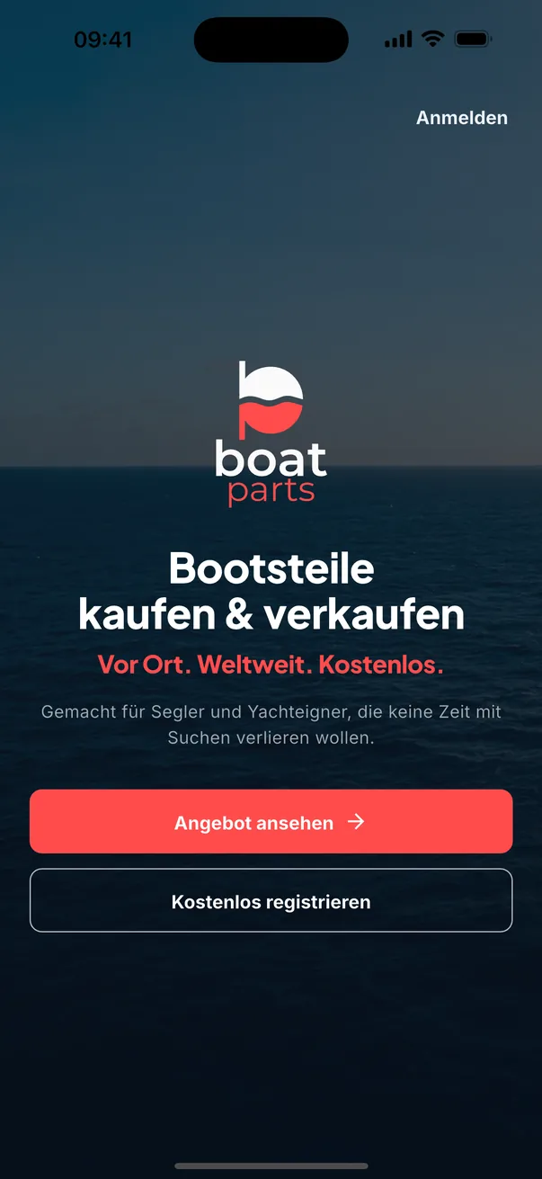 Der Welcome-Screen von boatparts.app: Bootsteile kaufen und verkaufen — lokal, weltweit, kostenlos.
