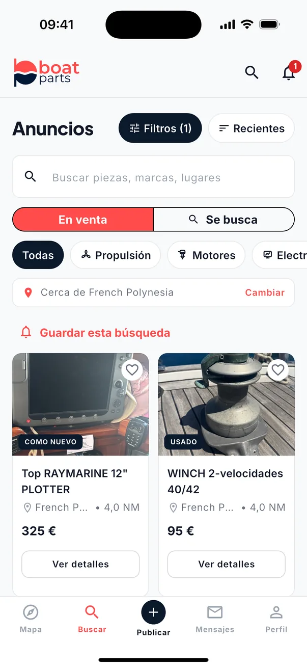 El listado de anuncios con el selector En venta / Se busca, los chips de categoría y dos anuncios cerca de la Polinesia Francesa.