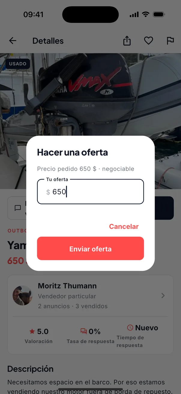 La hoja «Hacer una oferta» sobre un anuncio de un fueraborda Yamaha 9.9: precio pedido 650 $, negociable, y un campo para tu oferta.