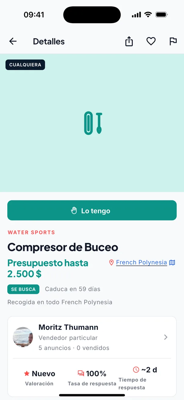 Una búsqueda de un compresor de buceo: presupuesto hasta 2.500 $, caduca en 59 días, con el botón turquesa «Lo tengo».