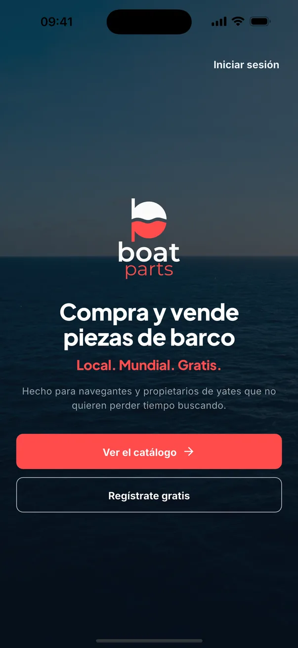 La pantalla de bienvenida de boatparts.app: compra y vende piezas de barco — local, mundial, gratis.