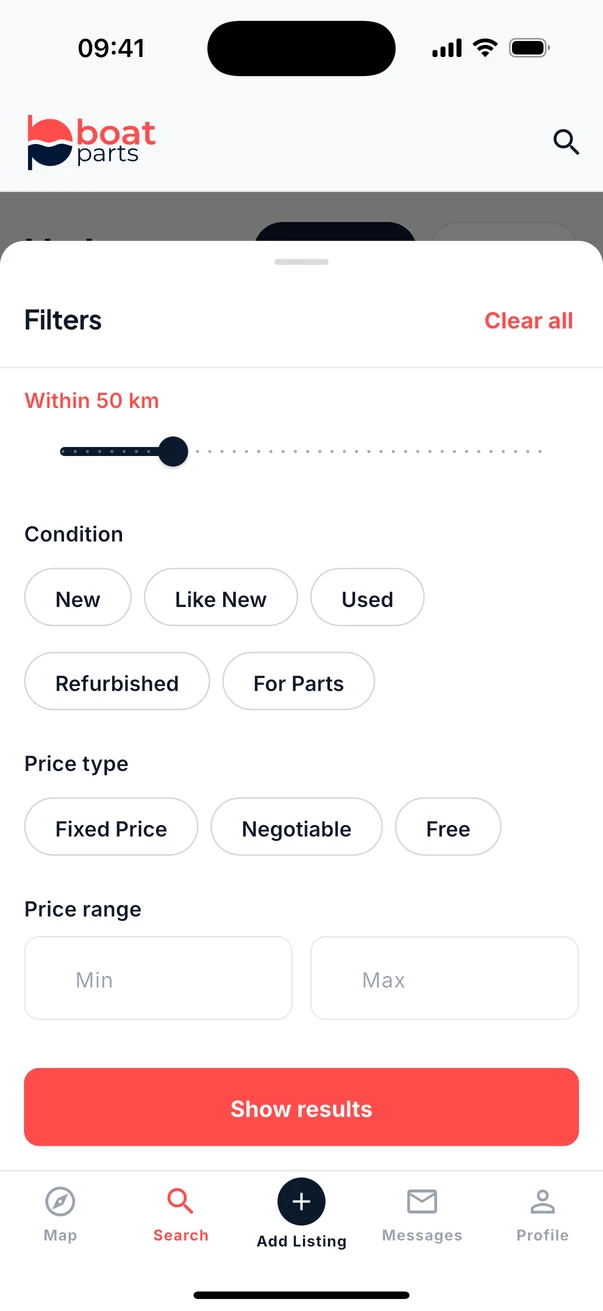 Filter sheet with a distance slider set to 50 km, condition chips, price type and a price range.