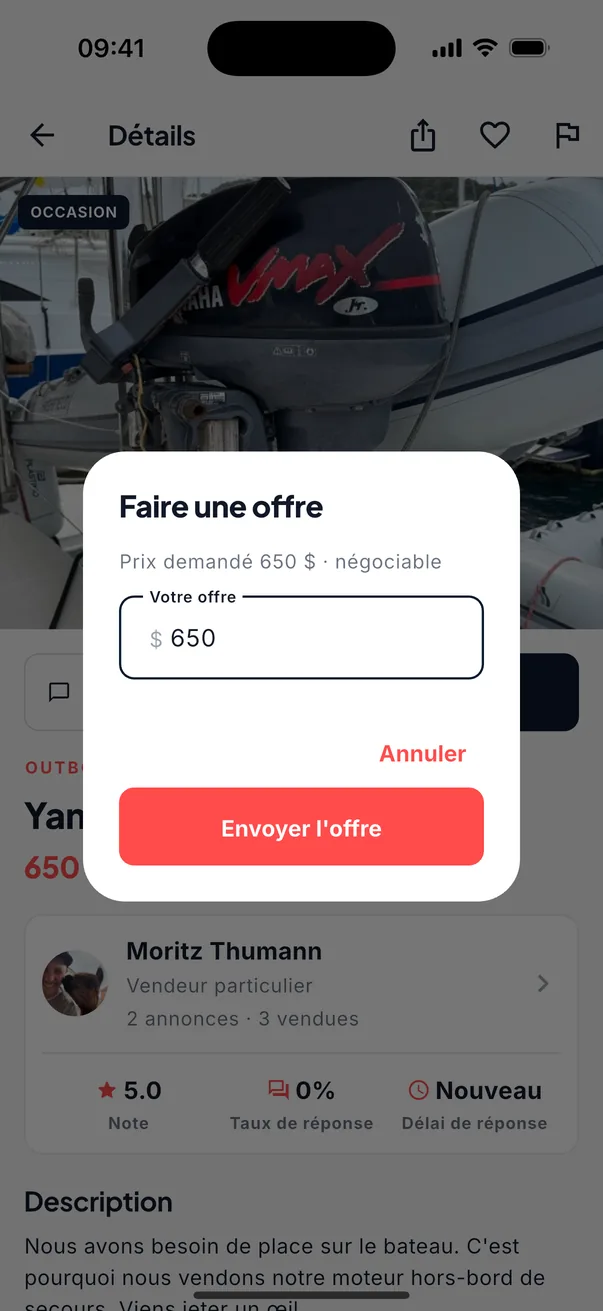 La fenêtre « Faire une offre » sur une annonce de hors-bord Yamaha 9.9 : prix demandé 650 $, négociable, et un champ pour votre offre.