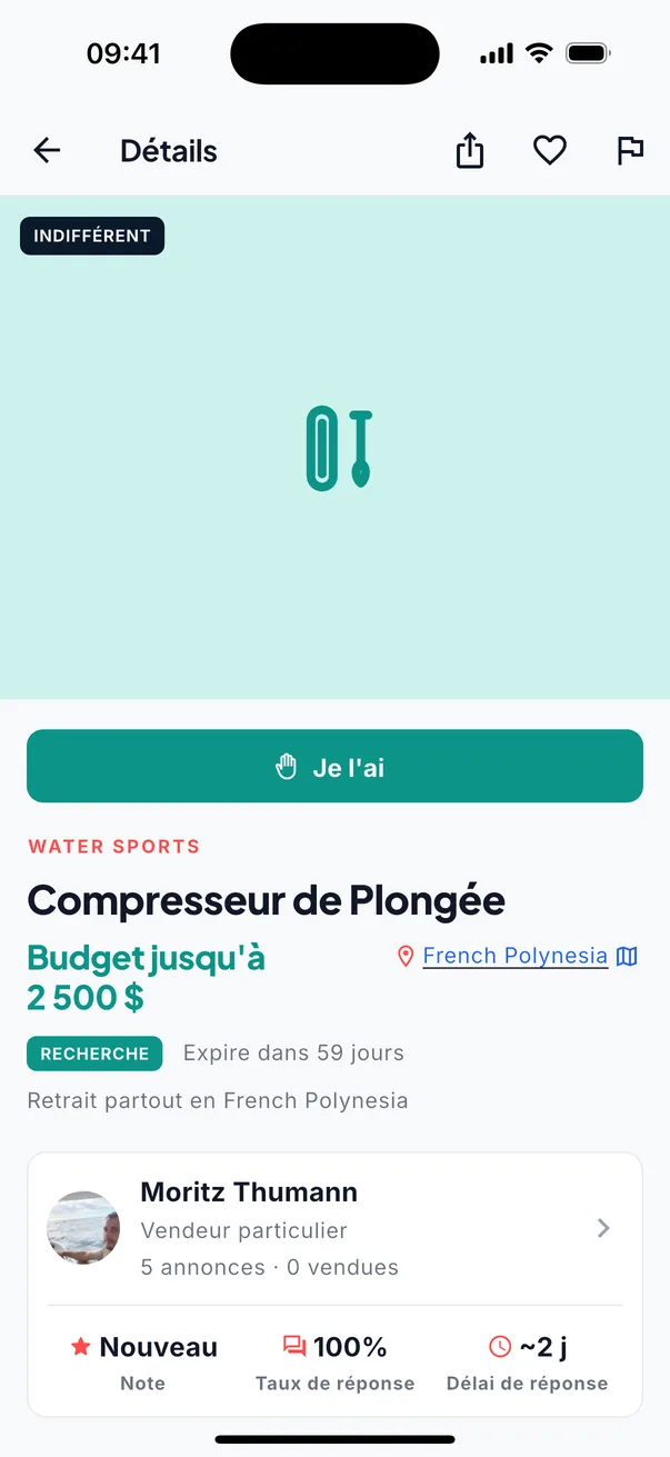 Une recherche pour un compresseur de plongée : budget jusqu’à 2 500 $, expire dans 59 jours, avec le bouton turquoise « Je l’ai ».