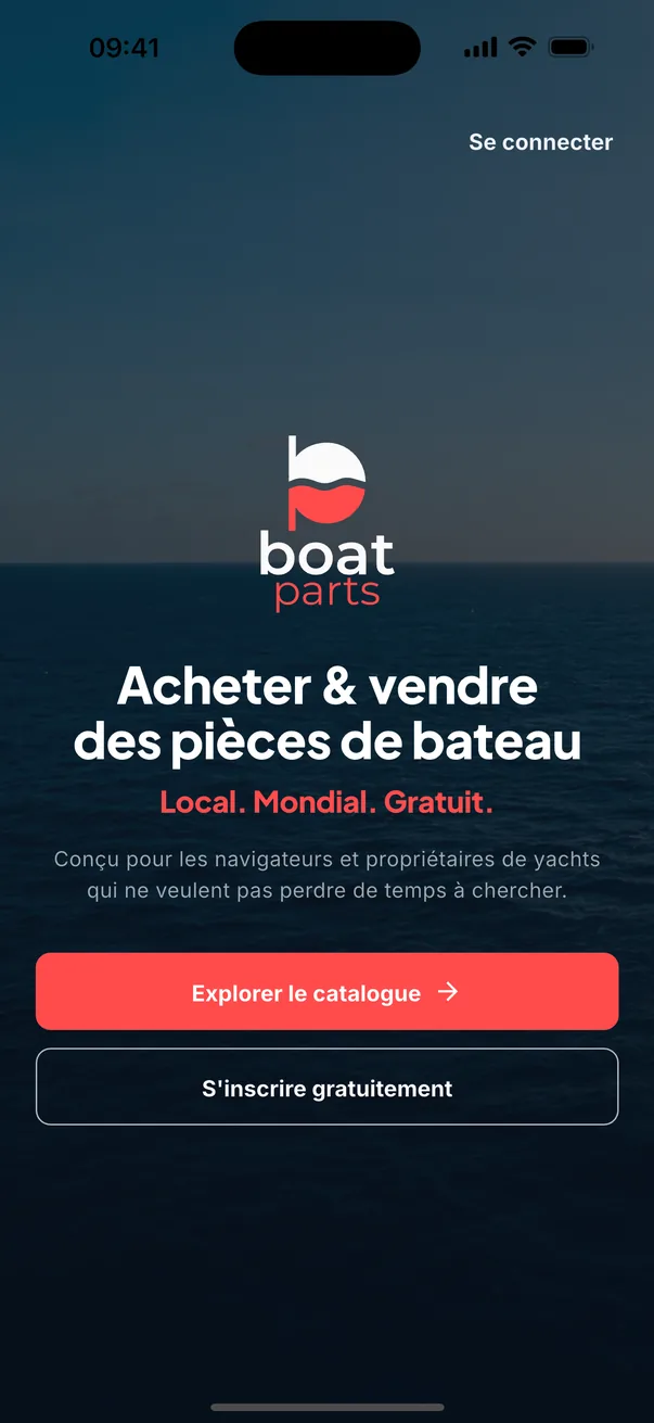L’écran d’accueil de boatparts.app : achetez et vendez des pièces de bateau — local, mondial, gratuit.