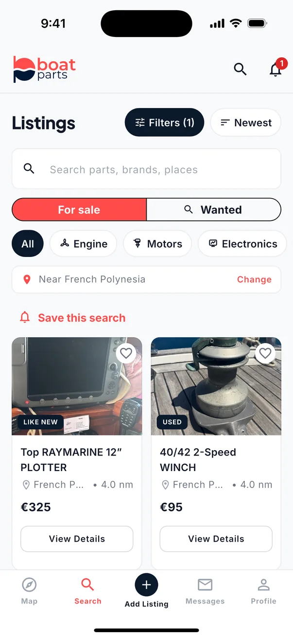 The listings feed with the For sale / Wanted switch, category chips and two listings near French Polynesia.