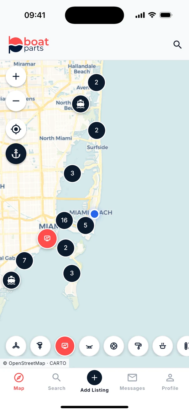The boatparts.app map showing clustered listings along the coast near Miami.