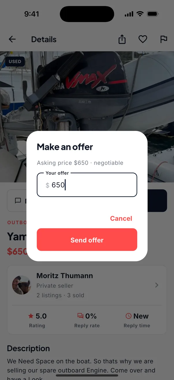 The Make an offer sheet over a Yamaha 9.9 outboard listing: asking price $650, negotiable, and a field for your offer.