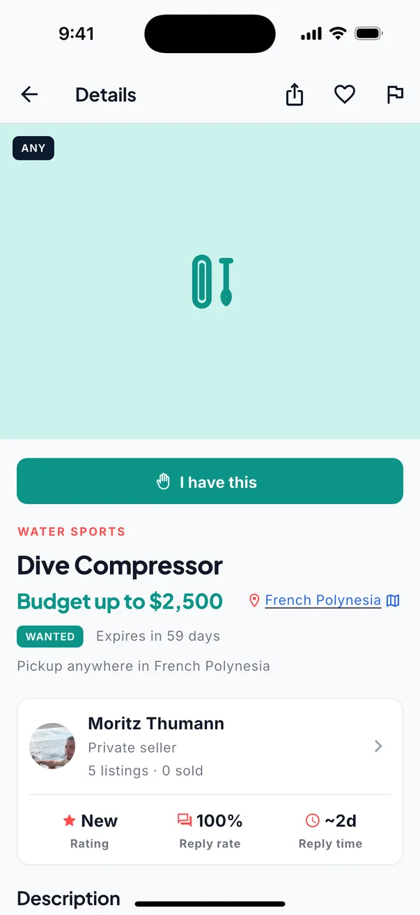 A wanted ad for a dive compressor: budget up to $2,500, expires in 59 days, with the teal “I have this” button.