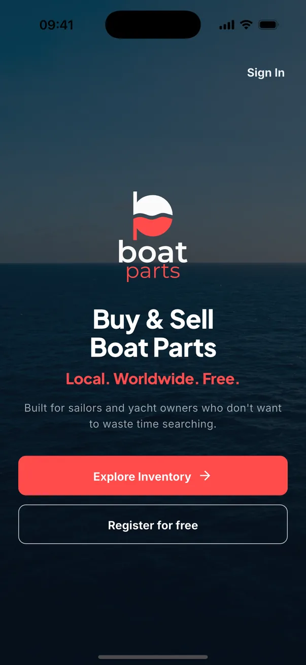 The boatparts.app welcome screen: Buy and sell boat parts — local, worldwide, free.